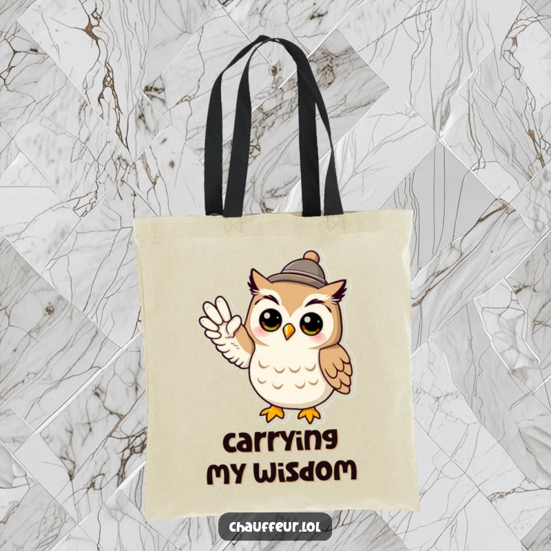 Funny and practical tote bag featuring a cool owl wearing a tiny hat and signaling with its wing, perfect funny gift.