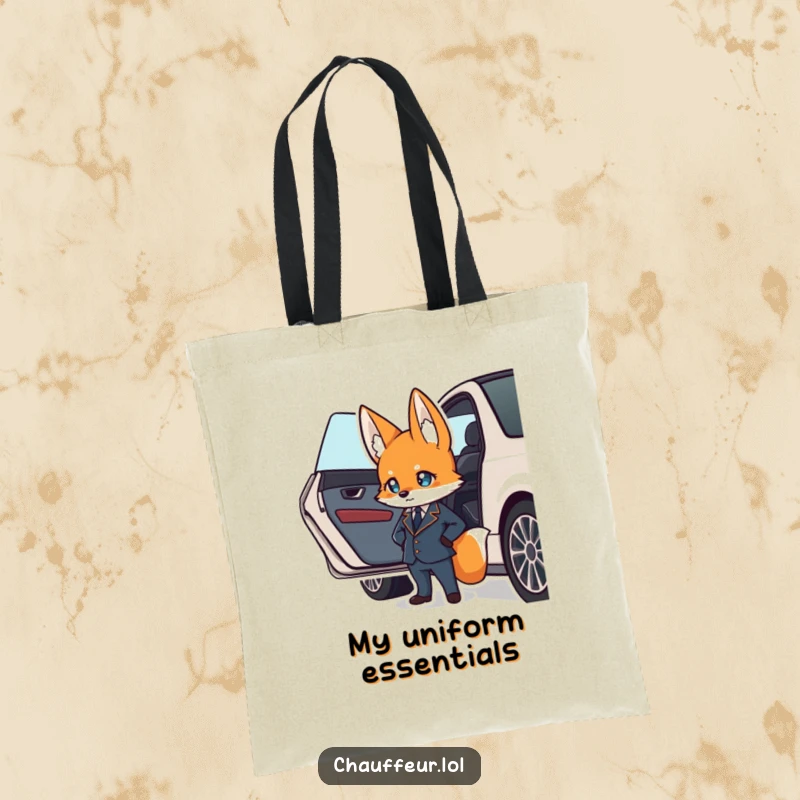 Funny and practical tote bag featuring a suave fox in a uniform confidently waiting by a car door, perfect funny gift.
